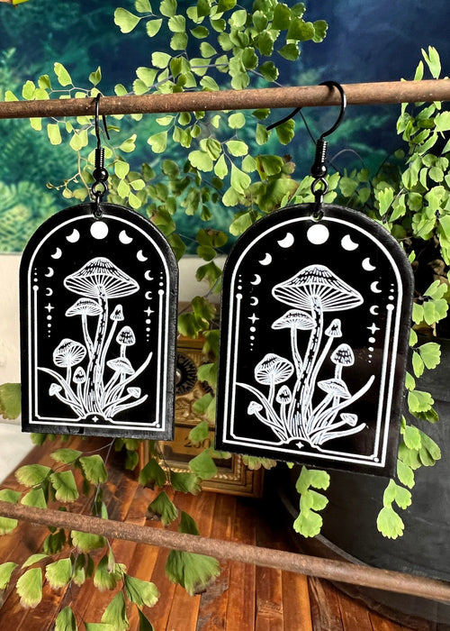 Black Acrylic Earrings | Lunar Mushroom Celestial Jewelry
