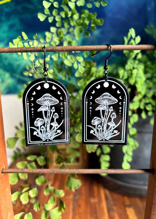 Black Acrylic Earrings | Lunar Mushroom Celestial Jewelry