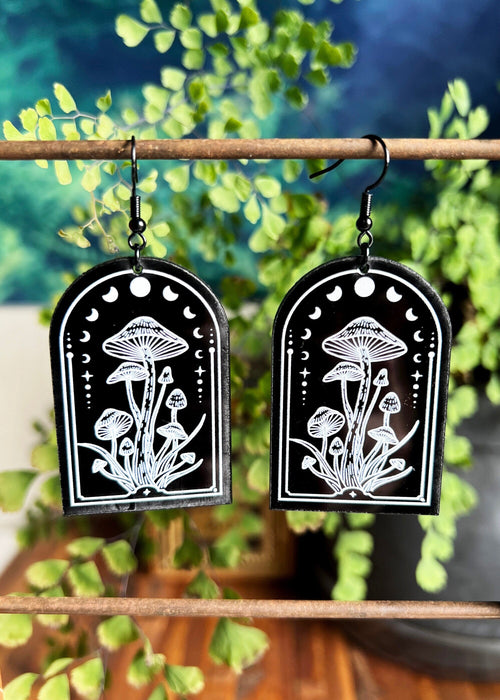 Black Acrylic Earrings | Lunar Mushroom Celestial Jewelry