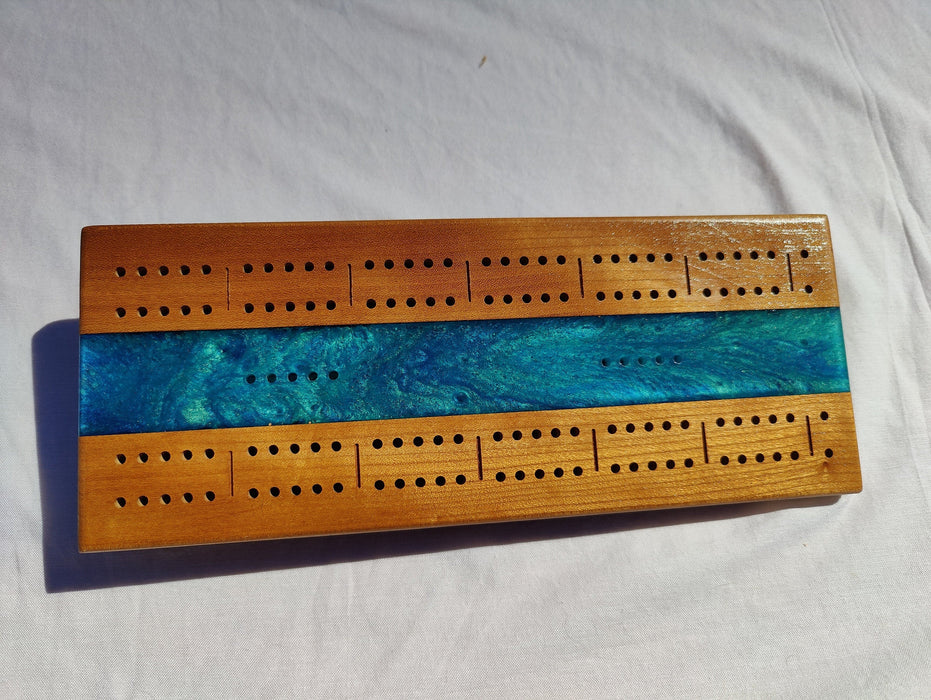 Cherry Cribbage Board With Epoxy Resin Accent • Travel Size Cribbage Board • Wood Cribbage Board