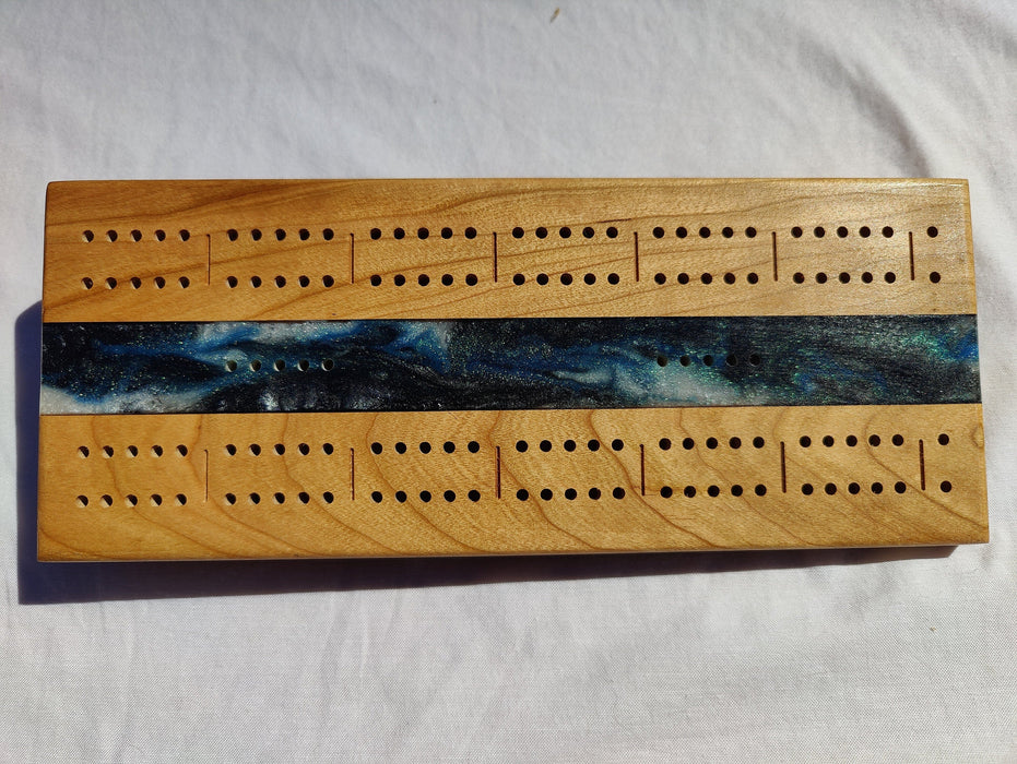 Cherry Cribbage Board With Epoxy Resin Accent • Travel Size Cribbage Board • Wood Cribbage Board