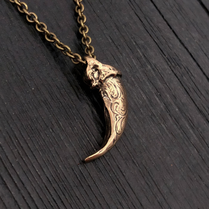 Bronze Wolf Claw Necklace - Engraved Solid Bronze Pendant With Large Charm