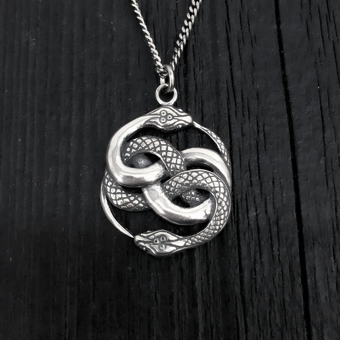 Sterling Silver Auryn Necklace – Mythic Entwined Serpent Pendant