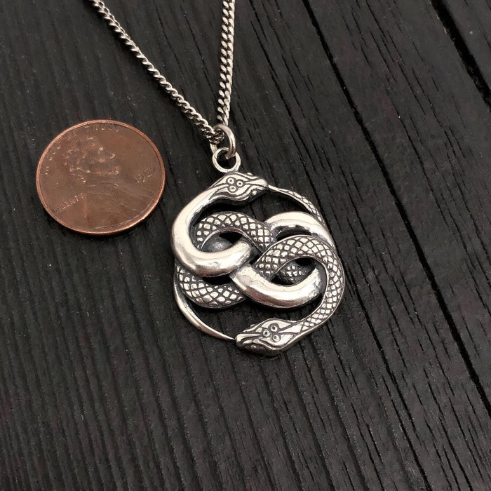 Sterling Silver Auryn Necklace – Mythic Entwined Serpent Pendant