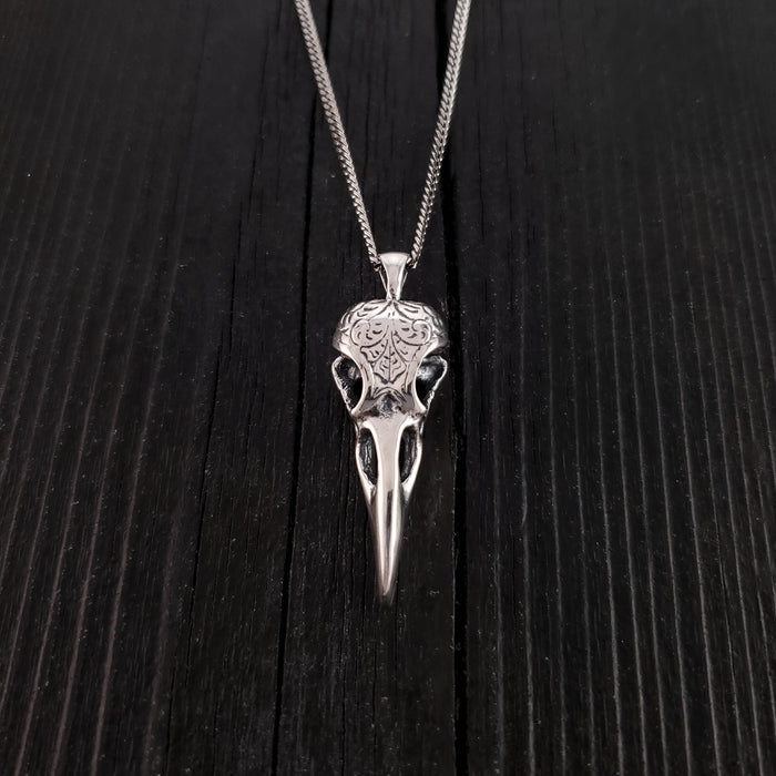 Raven Skull Pendant Sterling Silver Necklace - Engraved Skull Jewelry by Moon Raven Designs
