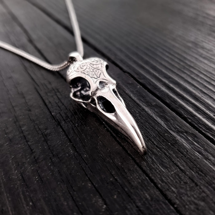 Raven Skull Pendant Sterling Silver Necklace - Engraved Skull Jewelry by Moon Raven Designs