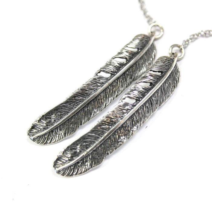 Raven Feather Lariat Necklace Silver