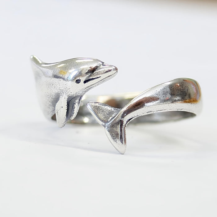 Dolphin Wrap Ring – Sterling Silver Animal Band, Nature Inspired Ocean Jewelry