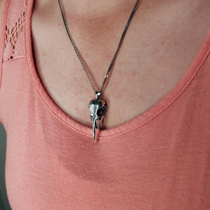Raven Skull Pendant Sterling Silver Necklace - Engraved Skull Jewelry by Moon Raven Designs