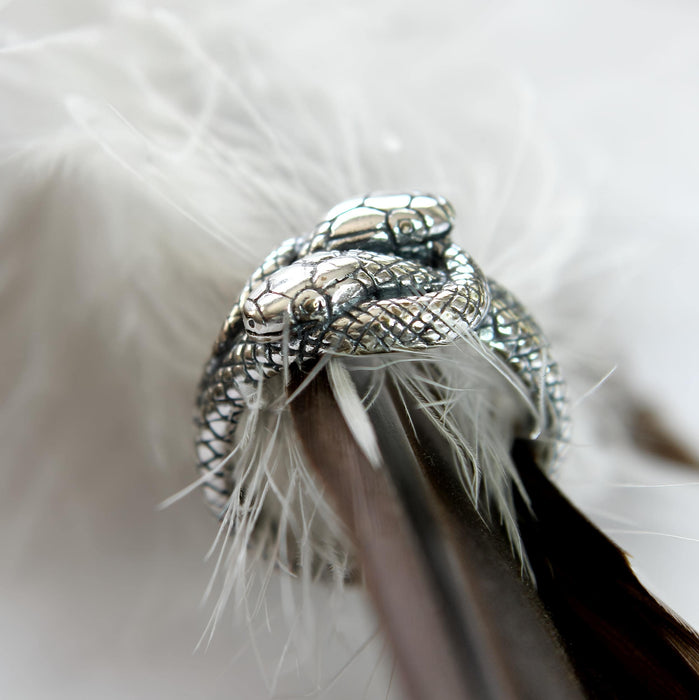 Twin Snake Ring – Handcrafted Sterling Silver Band With Realistic Serpent Design
