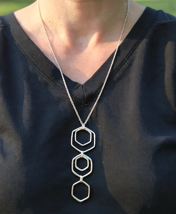 Hexa Triple Long Necklace - Sterling Silver
