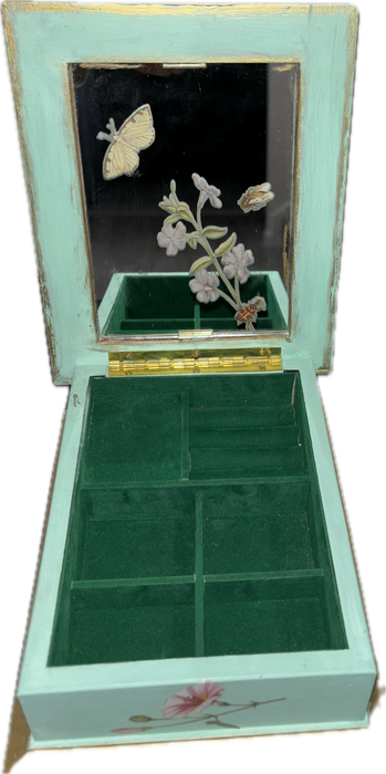 Mint Green Floral Vintage Musical Jewelry Box with Gold Trim +