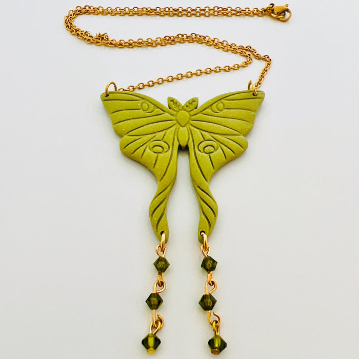 Necklace Olive Green & Gold with Olivine Bicone Beads Moth Necklace with Beads