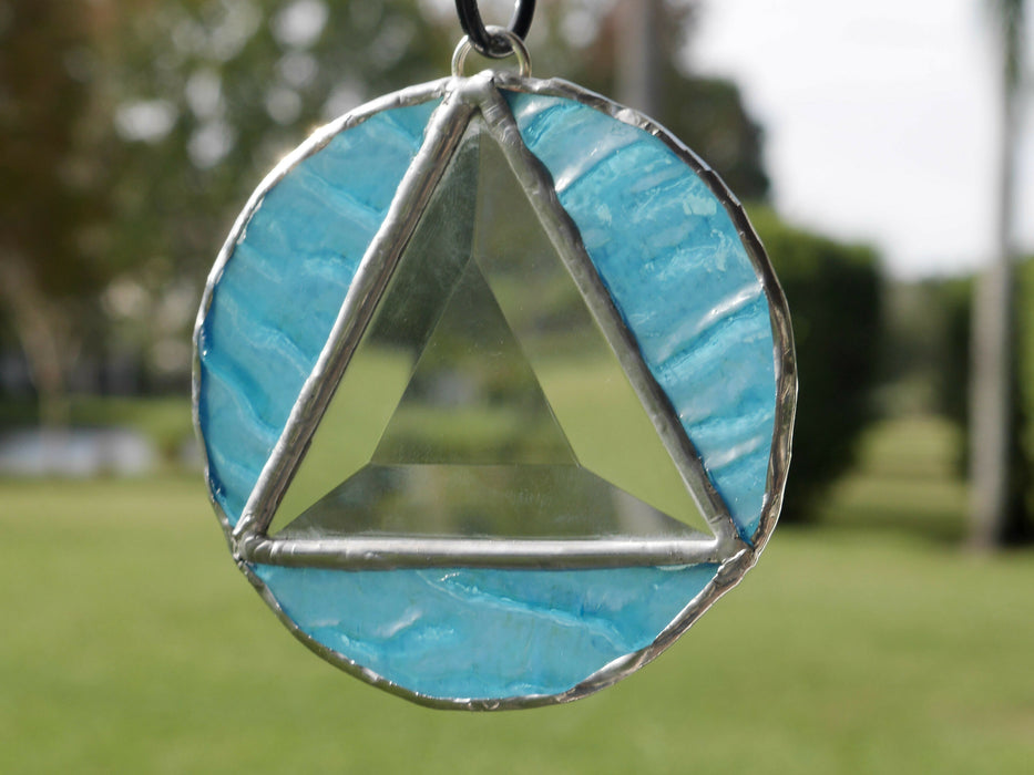 AA Stained Glass Sun Catcher, Sobriety Gift, Blue and Beveled Glass 3.5in diameter