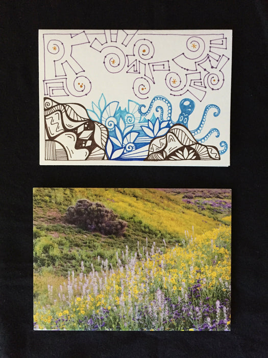 Card features a fun design with an octopus underneath a starry sky on white paper. Envelope features photograph of flowers in a prairie area.