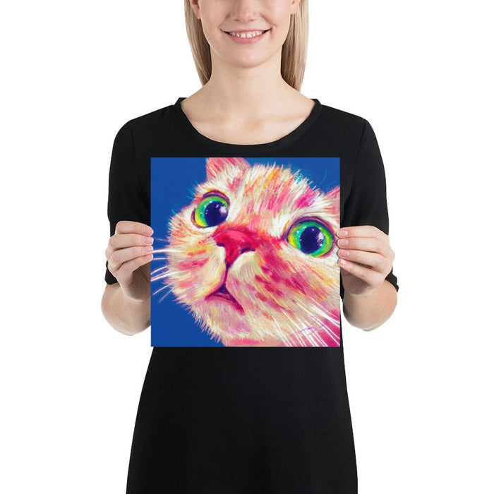 Close Encounters Collection - "Green Eyes" (BLUE Background) - Close Up Painting of a Ginger Cat [Unfoiled] Posters, Prints, & Visual Artwork JoyousJoyfulJoyness 