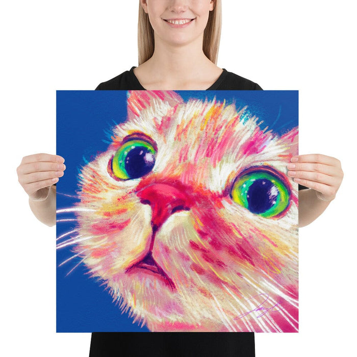 Close Encounters Collection - "Green Eyes" (BLUE Background) - Close Up Painting of a Ginger Cat [Unfoiled] Posters, Prints, & Visual Artwork JoyousJoyfulJoyness 