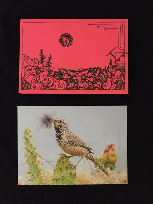 Card features evening nature scene with fish, worms, and an octopus (if you look close!) on salmon-colored paper. Envelope features photograph of a bird carrying nesting materials atop a cactus.