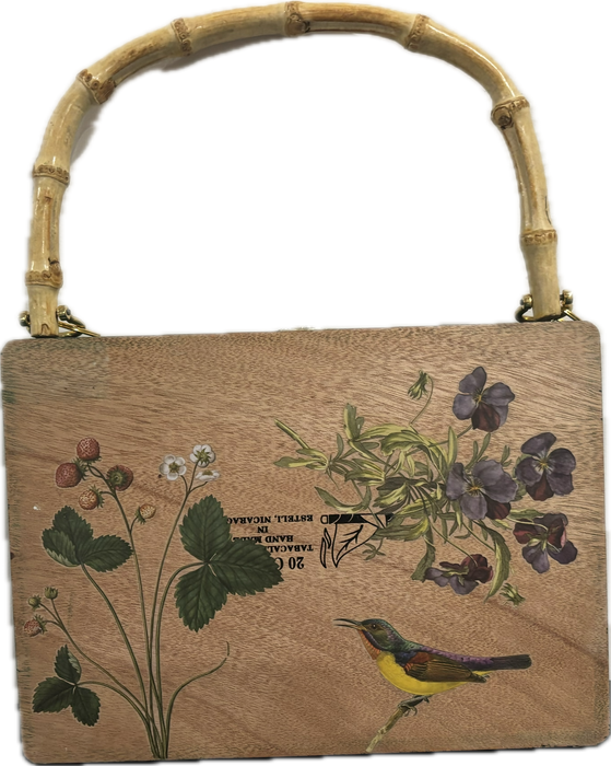 Handmade Cigar Box Purse - Floral Upcycled Evening Bag, Bamboo Handle, Unique Vintage Style Pocketbook
