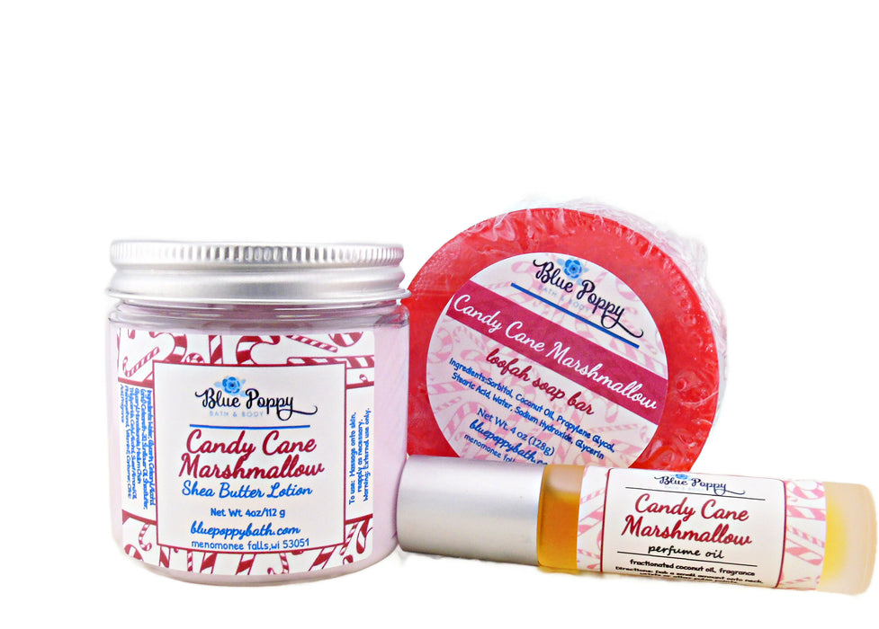 candy cane marshmallow gift set includes soap, lotion and perfume.  Sweet marshmallow with creamy vanilla scent.