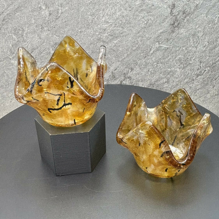 Fused Glass Votives - Iridescent Amber with Black Accents