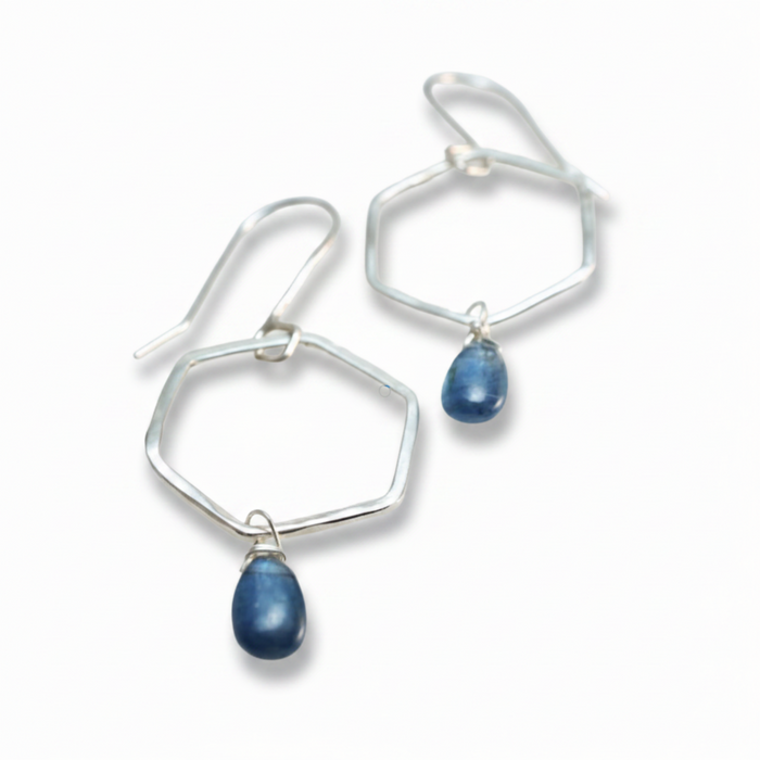 Hexa Dangle Earrings with Blue Kyanite Drops- Sterling Silver