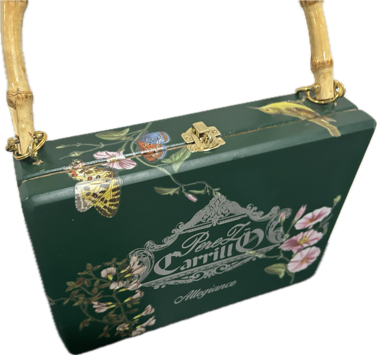 Handmade Cigar Box Purse - Floral Upcycled Evening Bag, Bamboo Handle, Unique Vintage Style Pocketbook