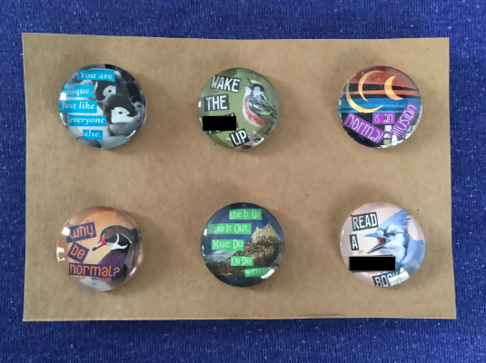 Set of 6 individually handmade decorative magnets measuring one inch in diameter, made with glass cabochons and paper scraps.  Magnet 1: You are unique. Just like everyone else. Magnet 2: Wake the fuck up Magnet 3: Normal is an illusion Magnet 4: Why be normal? Magnet 5: Use it up, wear it out, make do, or do without Magnet 6: Read a fucking book