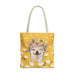 yellow tote bag with a white chihuahua wearing a white daisy flower crown - large size
