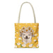 yellow tote bag with a white chihuahua wearing a white daisy flower crown - large size at sleepy chi - great gift for small dog lovers