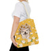 yellow tote bag with a white chihuahua wearing a white daisy flower crown -large size at sleepy chi - great gift for small dog lovers - woman carrying bag