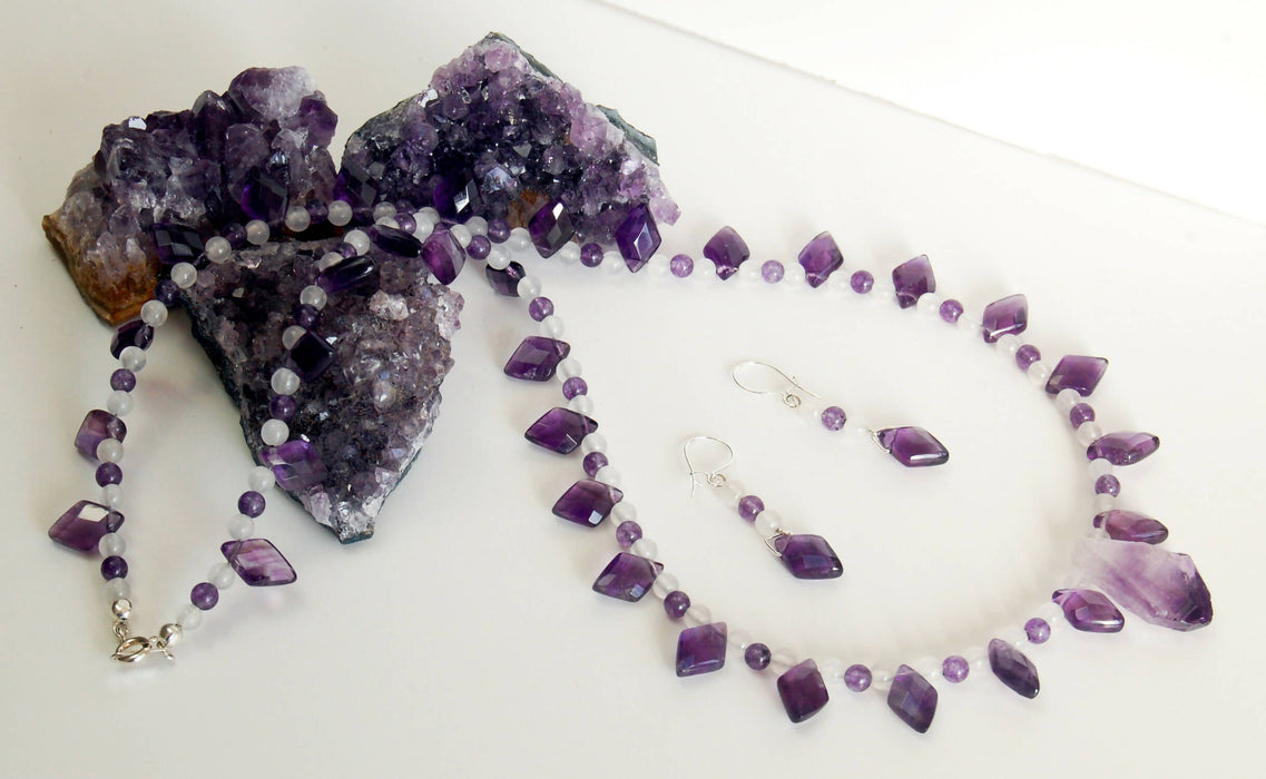 Amethyst and Quartz Beaded Necklace & Earring Set