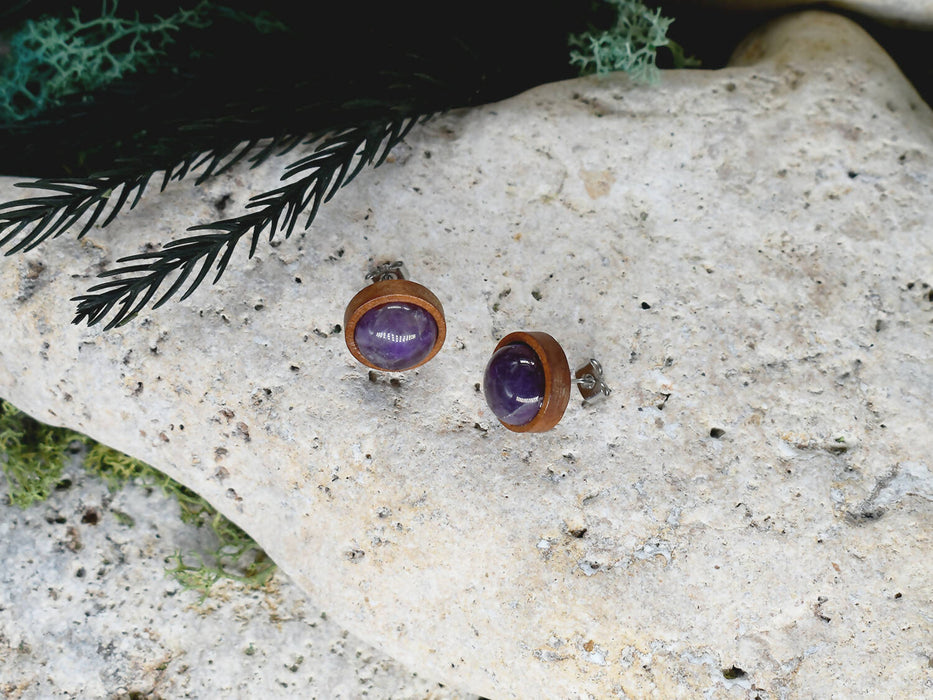 Wood Stud Earrings with Amethyst #89