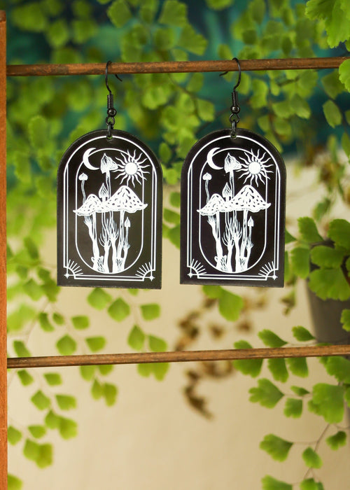 Black Acrylic Earrings | Whimsy Mushroom Celestial Jewelry | Witch Goth Moon Fantasy Charm | Mushroomcore Dark Academia Arch Mycology Plant