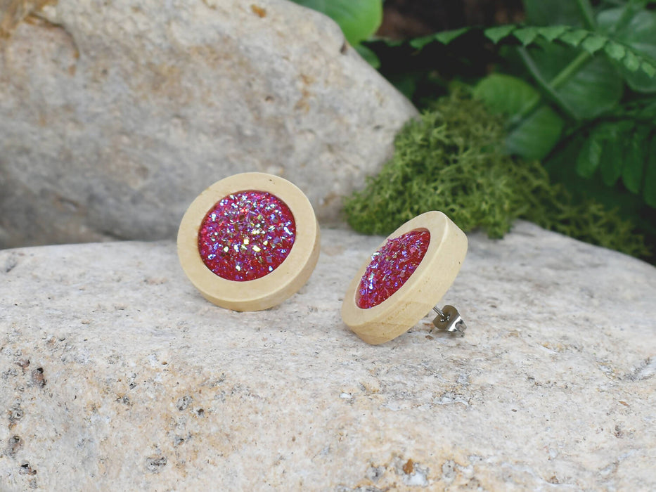 Wood Earrings With Resin Druzy #14