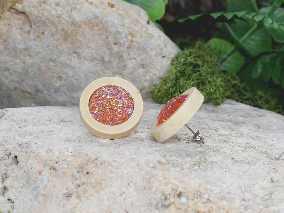 Wood Earrings With Resin Druzy #16