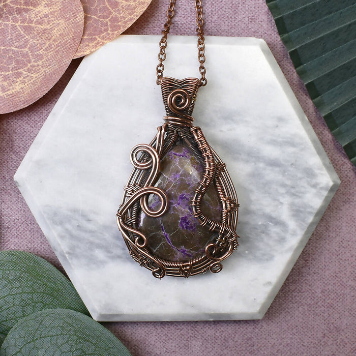 Wire Wrapped Copper Pendant with Purpurite