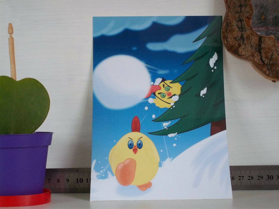 A5 Print - Chippo and Zuzu in a snowball fight