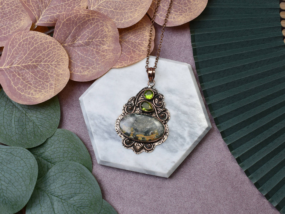 Copper Pendant with Jasper and Peridot