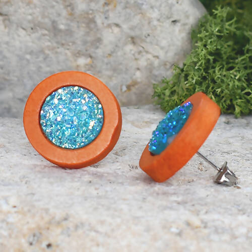 Wood Earrings With Resin Druzy #4