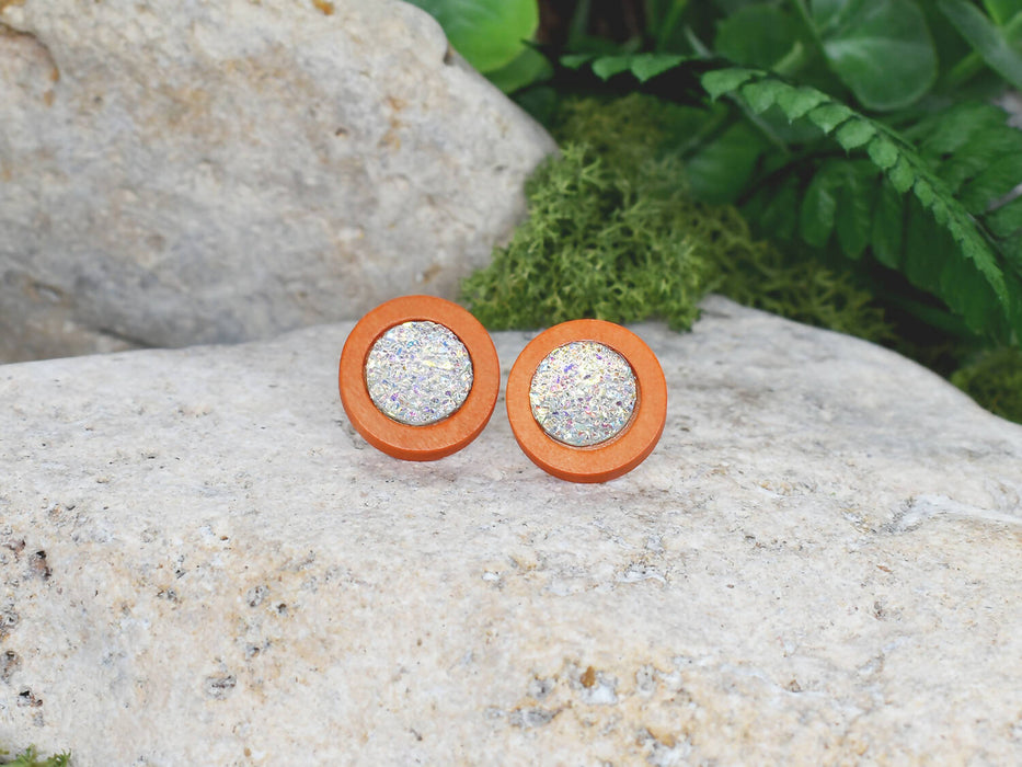 Wood Earrings With Resin Druzy