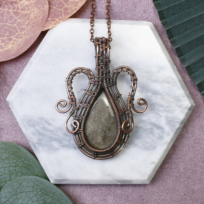 Wire Wrapped Copper Pendant with Black Sheen Obsidian