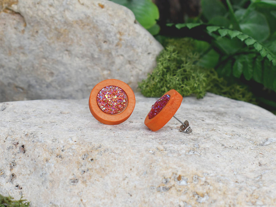 Wood Earrings With Resin Druzy