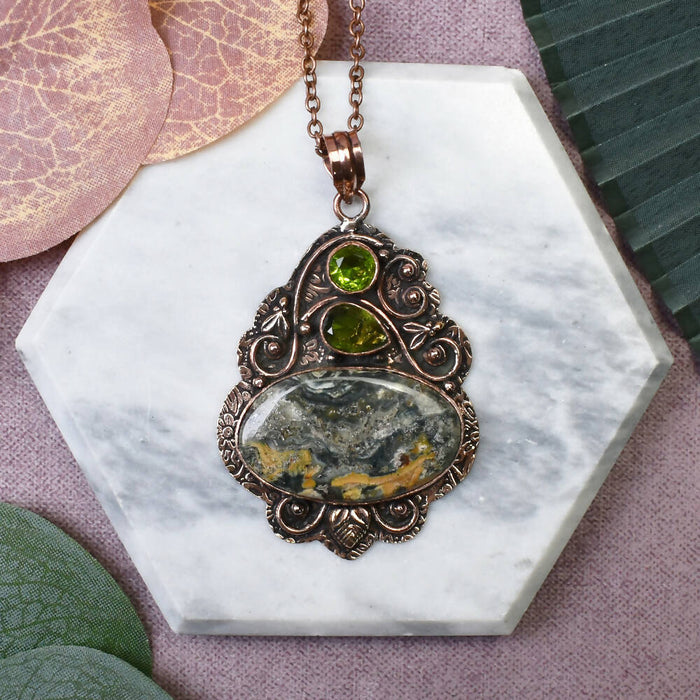 Copper Pendant with Jasper and Peridot