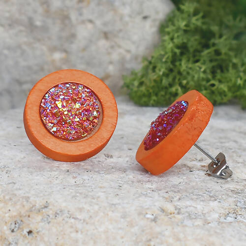 Wood Earrings With Resin Druzy