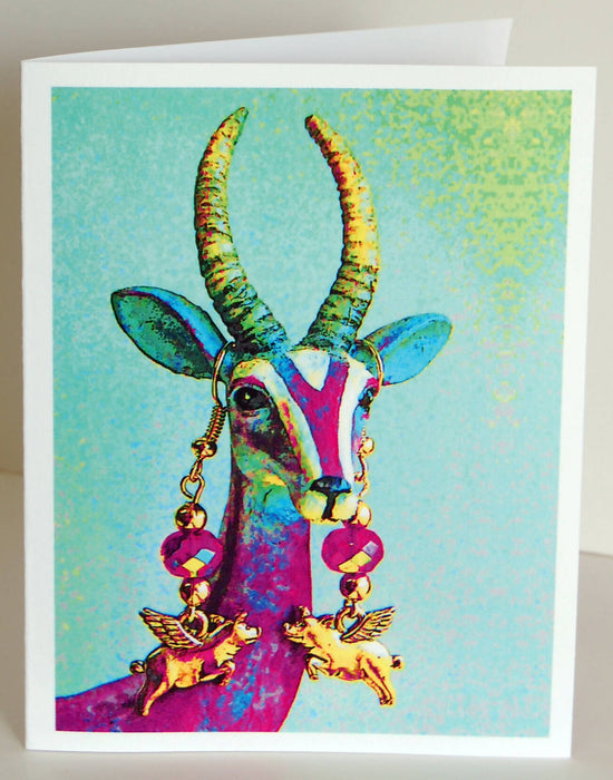 Psychedelic Gazelle Wearing Flying Pig Earrings Blank Note Cards
