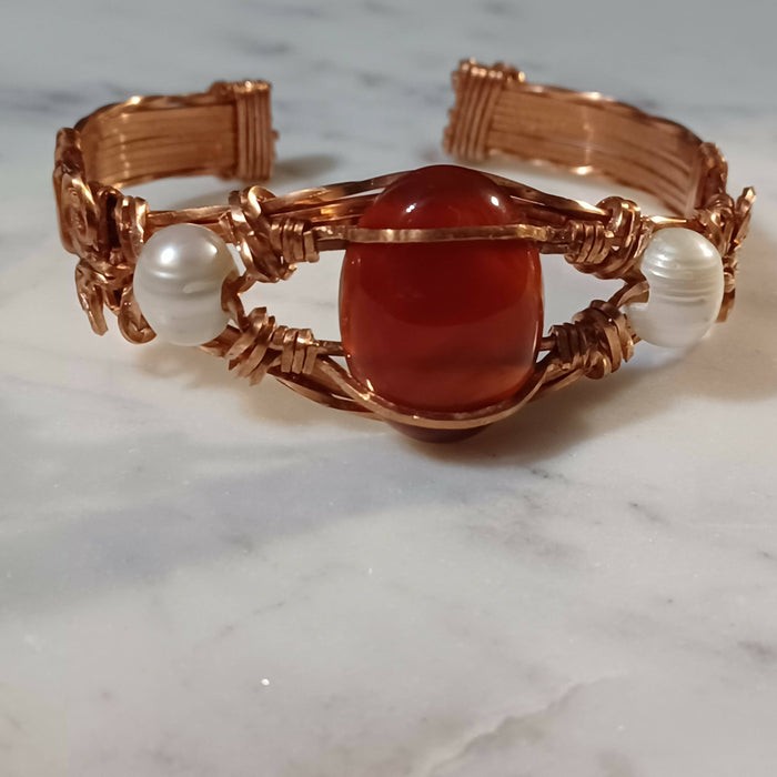Copper, Carnelian, and Pearl Cuff Bracelet
