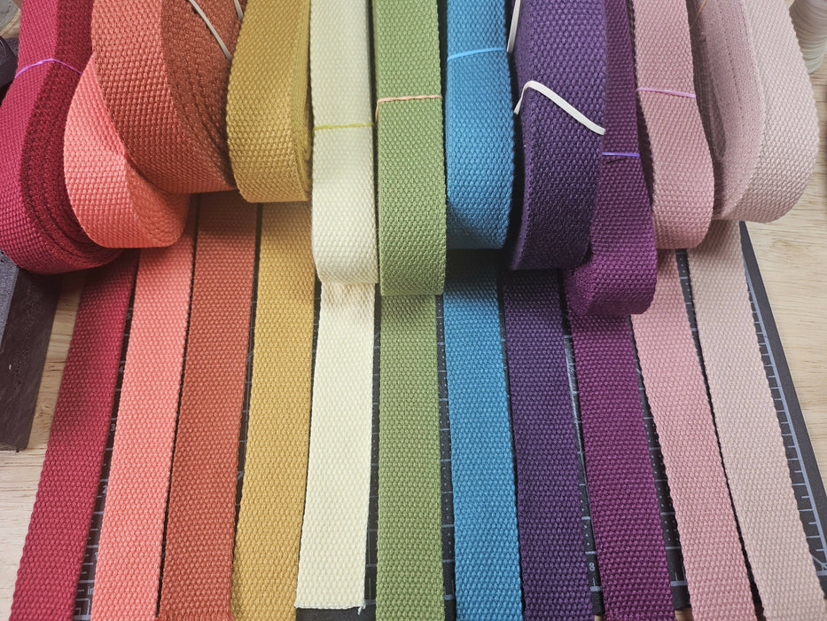 all the cotton webbing options: peony, coral, rust, mustard, cornsilk, cactus, turquoise, purple, wine, rose, and beige.