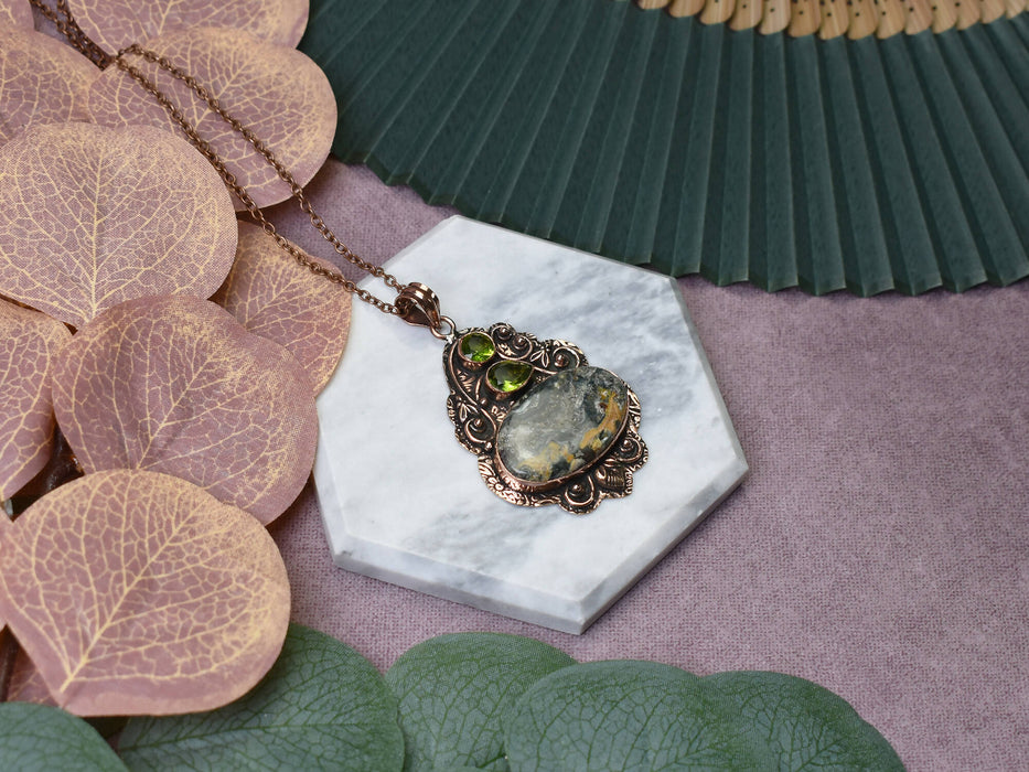 Copper Pendant with Jasper and Peridot