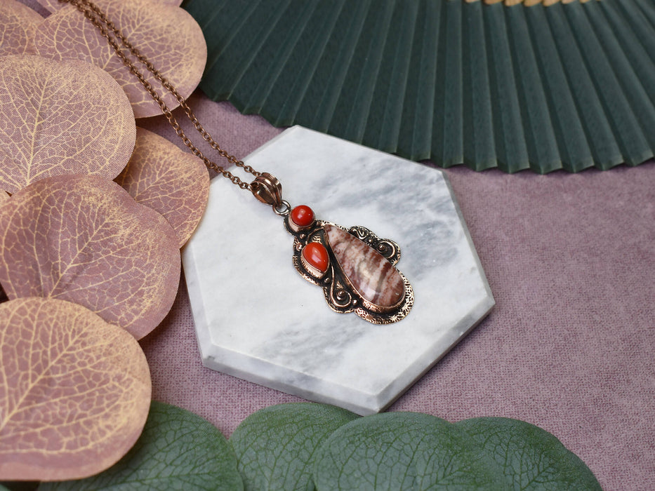 Copper Pendant with Coconut Jasper and Coral